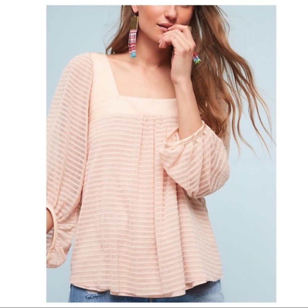 Anthropologie Meadow Rue Allyson Peach Textured Square Neck Blouse Small